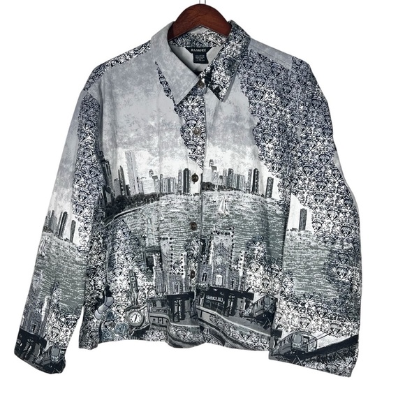 VTG RAAKHEE Sequin Black White City Skyline Button Up Top Women's Size 1X - Picture 2 of 16